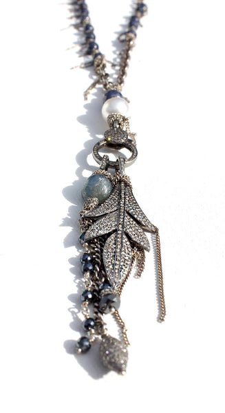 Sapphire Pearl Pave Leaf Chain Necklace