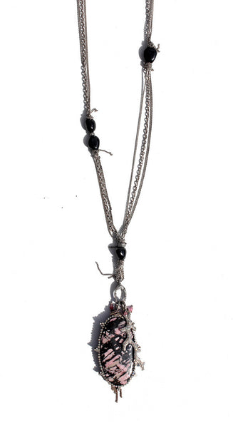 Rhodonite Pendant Pave Branch Pinned Tourmaline Smooth Spinel Pebbles Necklace