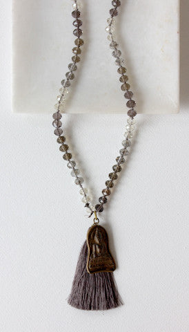 Shiny Taupe And Clear With Buddha Tassel Necklace