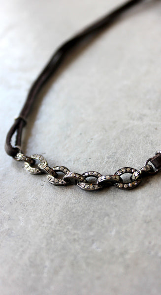 Diamond And Dark Brown Leather Chain Choker Necklace