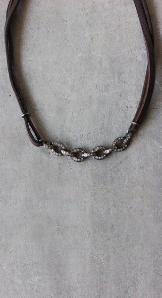 Diamond And Dark Brown Leather Chain Choker Necklace