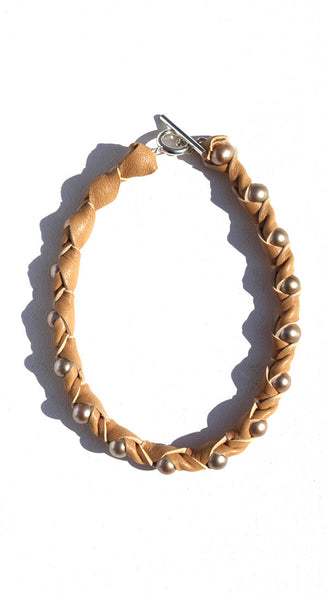 19" Nevine Adobe Copper Pearls 11mm Wrapped In Orange Leather With Silver Clasp Necklace