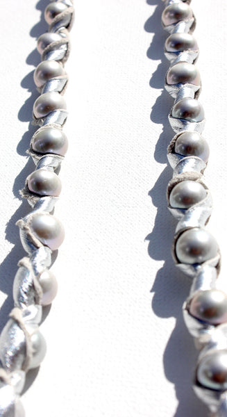 48" Acacia Silver Pearls 11mm Wrapped In Metallic Silver Leather With Silver Clasp Necklace