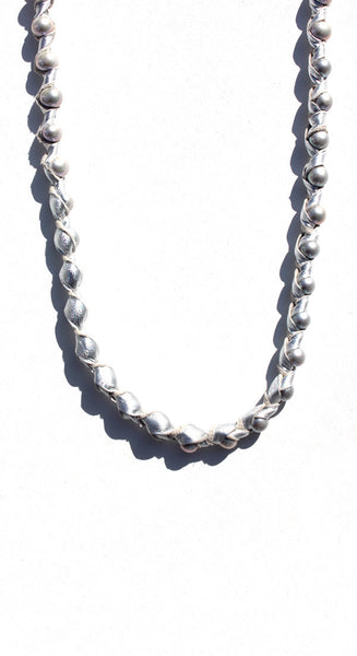 48" Acacia Silver Pearls 11mm Wrapped In Metallic Silver Leather With Silver Clasp Necklace