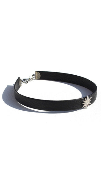 Pave Diamond Starburst On Black Leather Choker