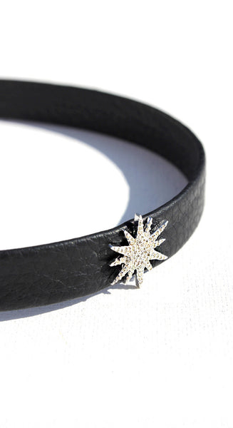 Pave Diamond Starburst On Black Leather Choker